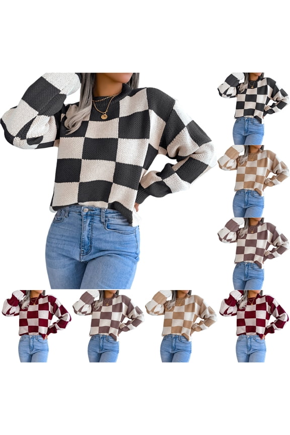 Women's Casual Fashion Contrast Plaid Long Sleeve Pullover Knitted Sweater for Fall and Winter, Stylish and Comfortable, Perfect for Seasonal Wear,Black,Size M