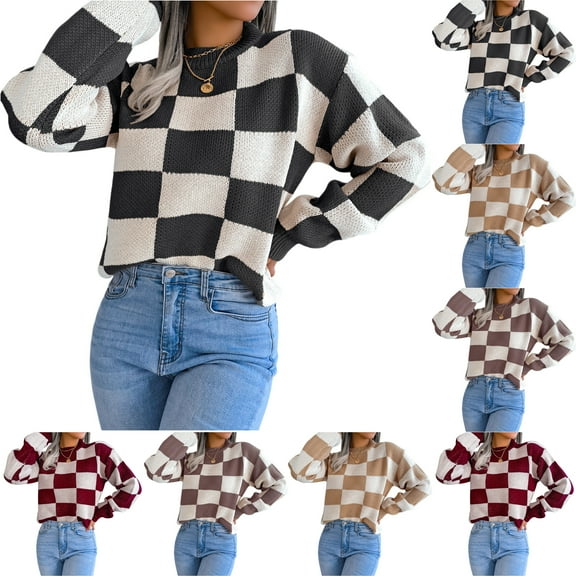 Women's Casual Fashion Contrast Plaid Long Sleeve Pullover Knitted Sweater for Fall and Winter, Stylish and Comfortable, Perfect for Seasonal Wear,Wine,Size M