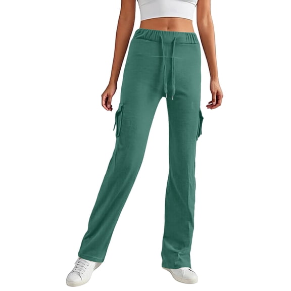 Women's Casual Fashion Elastic Waist Button Four Pockets Drawstring Yoga Wide Leg Pants, Athletic Lounge Pants for Women, Comfort Fit Trousers,Green,S