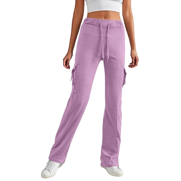 Women's Casual Fashion Elastic Waist Button Four Pockets Drawstring Yoga Wide Leg Pants, Athletic Lounge Pants for Women, Comfort Fit Trousers,Light Purple,XL