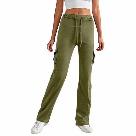 Women's Casual Fashion Elastic Waist Button Four Pockets Drawstring Yoga Wide-Leg Pants for Comfortable and Versatile Use,Army Green,XL