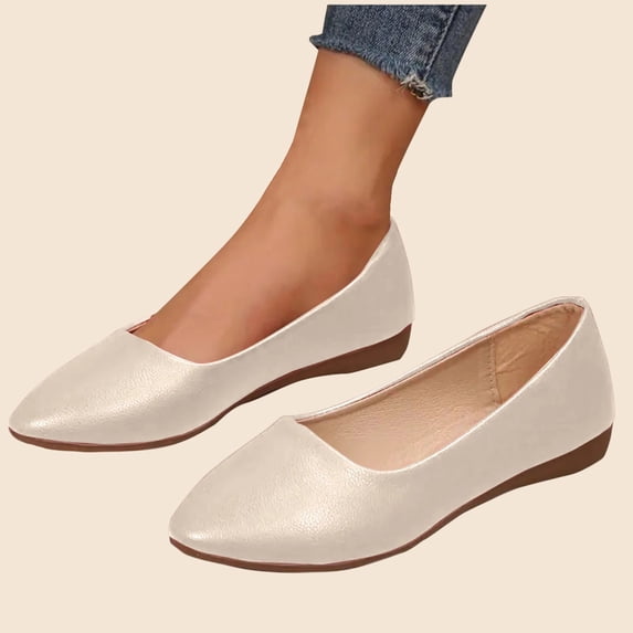 Women's Casual Fashion Flats with Pointed Toe, Breathable Faux Leather, Low Wedge Heel, Easy-On Slip-On Shoes Beige