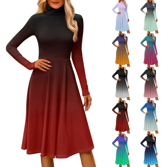 Women's Casual Fashion High Neck Long Sleeve Print Midi Dress with Gradient Design, Fall and Winter Dress for Stylish Everyday Wear, Elegant and Cozy,Blue,2XL