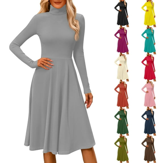 Women's Casual Fashion High Neck Long Sleeve Solid Color Midi Dress, Fall and Winter Comfortable Dress for Casual Outings, Soft and Breathable Fabric,Army Green,L