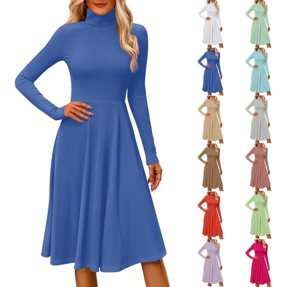 Women's Casual Fashion High Neck Long Sleeve Solid Color Midi Dress, Fall and Winter Elegant Dress for Everyday Wear, Comfortable and Versatile Styling,Blue,L