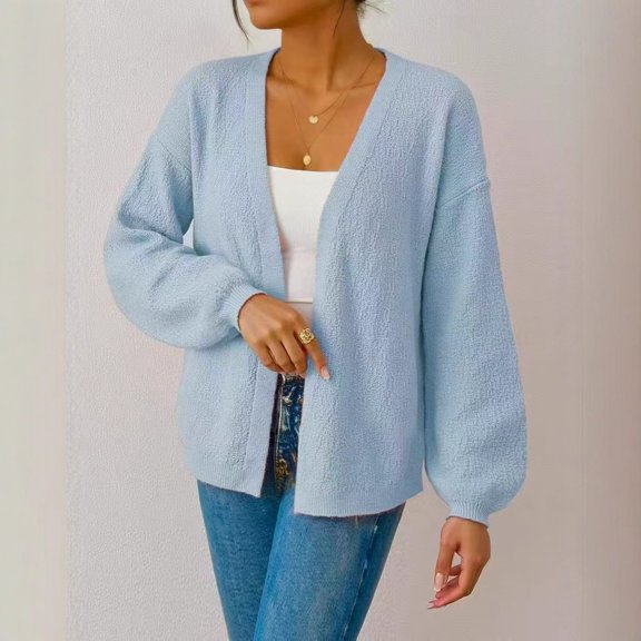 Women's Casual Fashion Knitted Cardigan Solid Color Long Sleeve Sweater Coat Light Blue XL