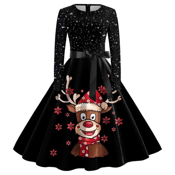 Women's Casual Fashion Long Sleeve Christmas Graphic Printed Vintage Dress with Round Neck for Retro Style and Holiday Occasions, Perfect for Women's Everyday Fashion,Deep Red,S