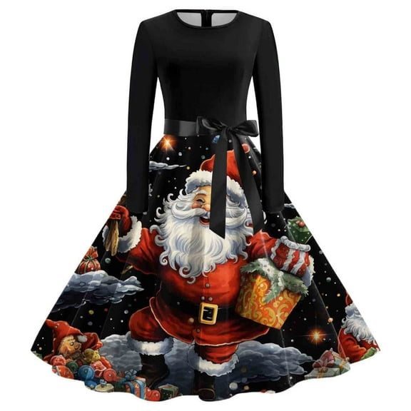 Women's Casual Fashion Long Sleeve Christmas Graphic Printed Vintage Dress with Round Neck for Retro Style and Holiday Occasions, Perfect for Women's Everyday Fashion,Vermilion,S
