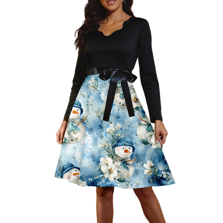 Women's Casual Fashion Long Sleeve Christmas Graphic Printed Vintage Dress  with V Neck for Retro Style and Holiday Parties, Ideal for Women's Casual  Wear,Blue,4XL - Walmart.com