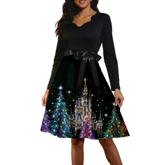 Women's Casual Fashion Long Sleeve Christmas Graphic Printed Vintage Dress with V Neck for Retro Style and Holiday Parties, Ideal for Women's Casual Wear,Dark Purple,2XL