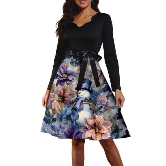 Women's Casual Fashion Long Sleeve Christmas Graphic Printed Vintage Dress with V Neck for Retro Style and Holiday Parties, Ideal for Women's Casual Wear,Dark Purple,3XL