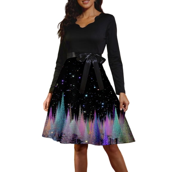 Women's Casual Fashion Long Sleeve Christmas Graphic Printed Vintage Dress with V Neck for Retro Style and Holiday Parties, Ideal for Women's Casual Wear,Purple,S
