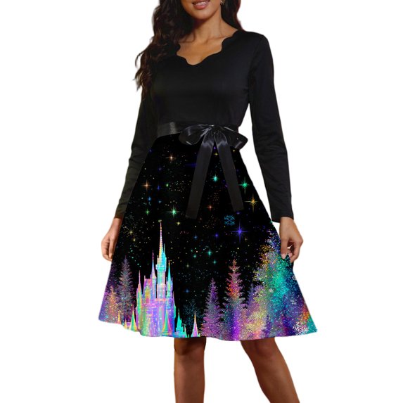 Women's Casual Fashion Long Sleeve Christmas Graphic Printed Vintage Dress with V Neck for Retro Style and Holiday Parties, Ideal for Women's Casual Wear,Royal Blue,3XL