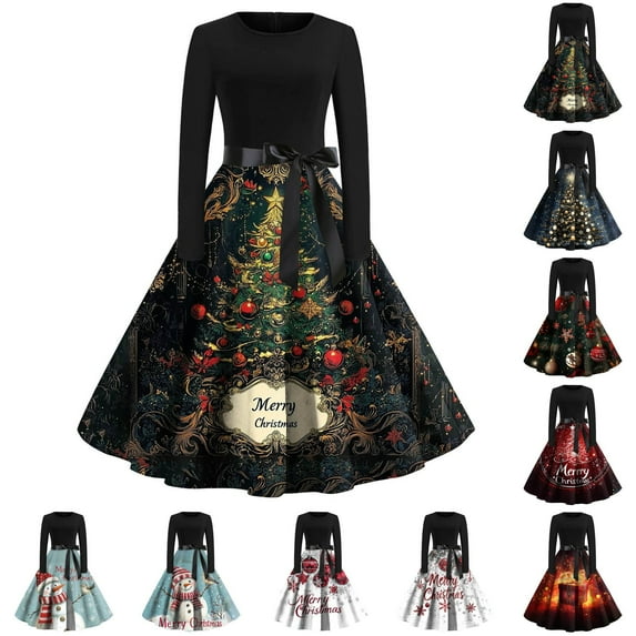 Women's Casual Fashion Long Sleeve Christmas Graphic Printed Vintage Long Dresses with Round Neck, Fall and Winter Casual Wear for Festive Occasions,Green,S