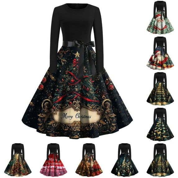 Women's Casual Fashion Long Sleeve Christmas Graphic Printed Vintage Long Dresses with Round Neck, Fall and Winter Elegant Dress for Holiday Parties,Black,L
