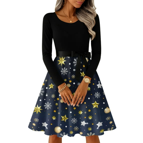 Women's Casual Fashion Long Sleeve Christmas Graphic Printed Vintage Long Dresses, Round Neck, Retro Style, Holiday Print, Party Dress, Casual Wear,Navy,4XL