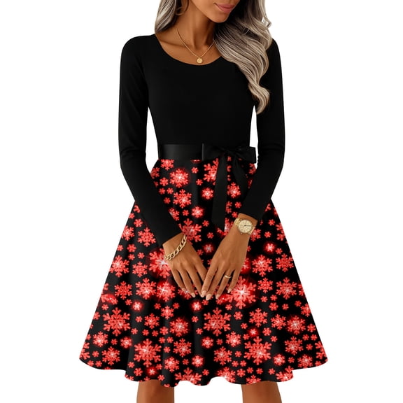 Women's Casual Fashion Long Sleeve Christmas Graphic Printed Vintage Long Dresses, Round Neck, Retro Style, Holiday Print, Party Dress, Casual Wear,Red,S
