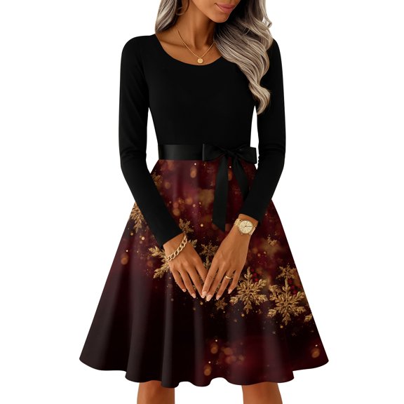 Women's Casual Fashion Long Sleeve Christmas Graphic Printed Vintage Round Neck Retro Print Long Dress for Holiday Casual Wear and Festive Outings,Deep Red,S
