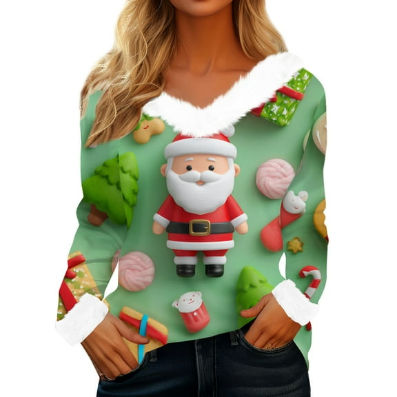 Women's Casual Fashion Long Sleeve Christmas Printed Flannel Collar Top for Holiday and Casual Wear with Festive Style