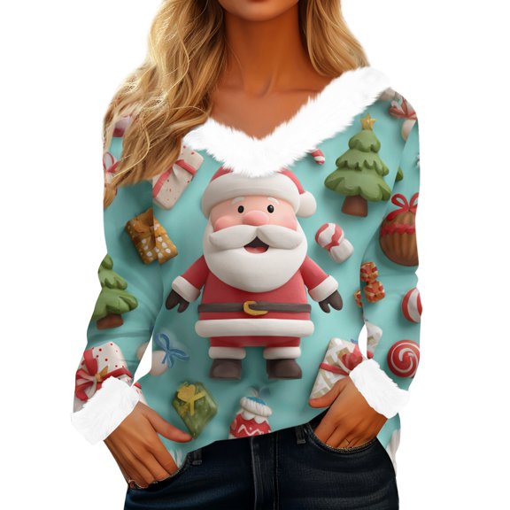 Women's Casual Fashion Long Sleeve Christmas Printed Flannel Collar Top for Holiday and Casual Wear with Festive Style