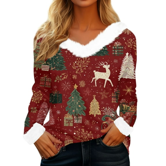 Women's Casual Fashion Long Sleeve Christmas Printed Flannel Collar Top with Merry Christmas Design for Holiday and Everyday Wear