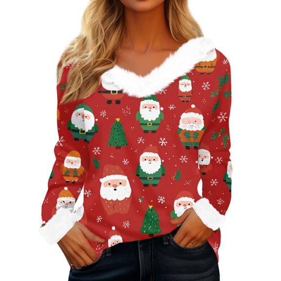 Women's Casual Fashion Long Sleeve Christmas Printed Flannel Collar Top with Merry Christmas Design for Holiday and Everyday Wear