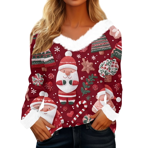 Women's Casual Fashion Long Sleeve Christmas Printed Flannel Collar Top with Merry Christmas Design for Holiday and Everyday Wear