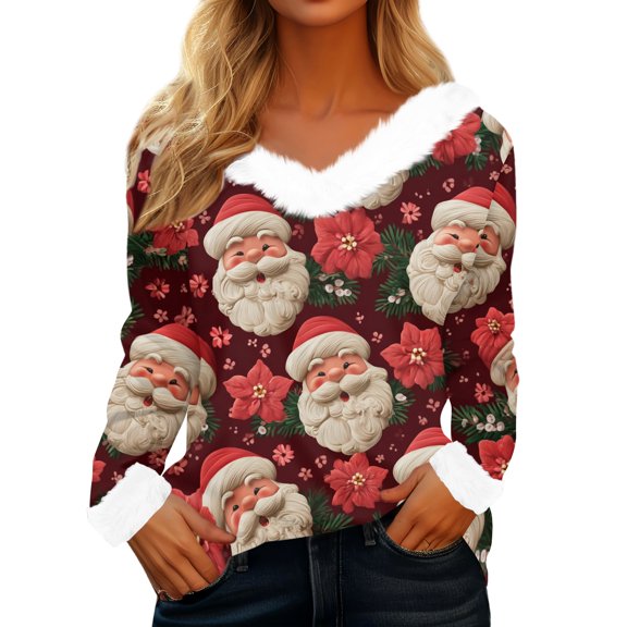 Women's Casual Fashion Long Sleeve Christmas Printed Flannel Collar Top with Merry Christmas Design for Holiday and Everyday Wear