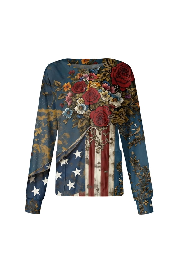 Women's Casual Fashion Long-Sleeve Stand-Up Collar Single-Button Independence Day Print Workwear Jacket Blue S