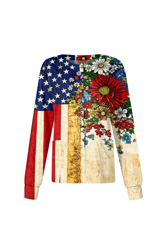 Women's Casual Fashion Long-Sleeve Stand-Up Collar Single-Button Independence Day Print Workwear Jacket Multicolor 2XL