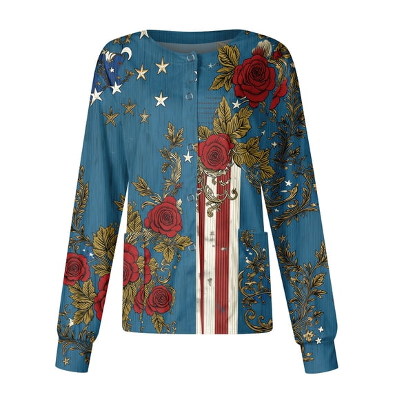 Women's Casual Fashion Long-Sleeve Stand-Up Collar Single-Button Independence Day Print Workwear Jacket Royal Blue 2XL