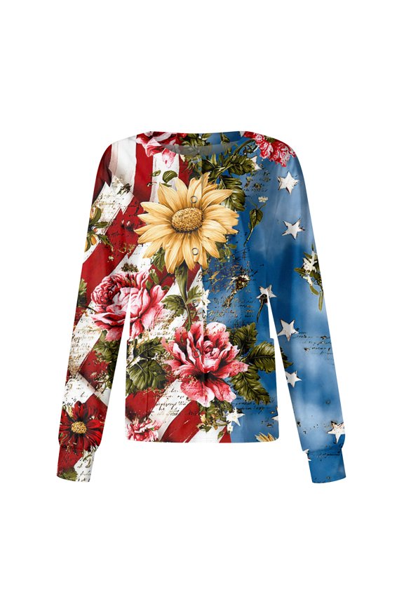 Women's Casual Fashion Long-Sleeve Stand-Up Collar Single-Button Independence Day Print Workwear Jacket Sky Blue S