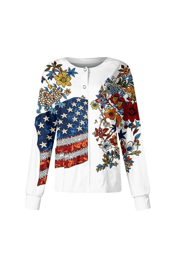 Women's Casual Fashion Long-Sleeve Stand-Up Collar Single-Button Independence Day Print Workwear Jacket White 3XL