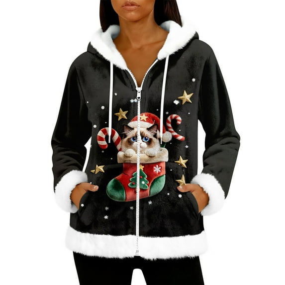 Women's Casual Fashion Long-Sleeve Zip-Up Fleece Hooded Cardigan with Christmas Print, Cozy and Warm for Winter Season,Black,XL
