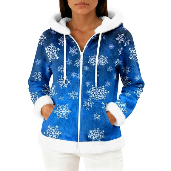 Women's Casual Fashion Long-Sleeve Zip-Up Fleece Hooded Cardigan with Christmas Print, Cozy and Warm for Winter Season,Blue,S