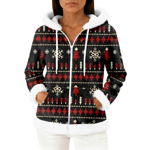 Women's Casual Fashion Long-Sleeve Zip-Up Fleece Hooded Cardigan with Christmas Print, Cozy and Warm for Winter Season,Deep Red,L