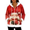 thumbnail image 1 of Women's Casual Fashion Long-Sleeve Zip-Up Fleece Hooded Cardigan with Christmas Print, Cozy and Warm for Winter Season,Deep Red,M, 1 of 8