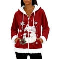 thumbnail image 1 of Women's Casual Fashion Long-Sleeve Zip-Up Fleece Hooded Cardigan with Christmas Print, Cozy and Warm for Winter Season,Deep Red,M, 1 of 8