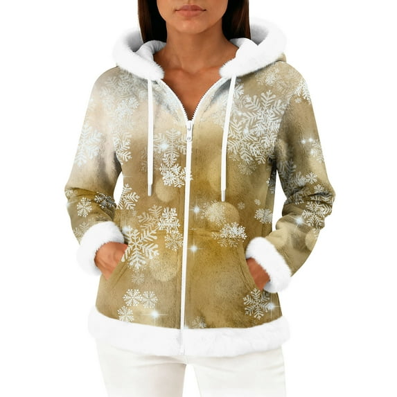 Women's Casual Fashion Long-Sleeve Zip-Up Fleece Hooded Cardigan with Christmas Print, Cozy and Warm for Winter Season,Gold,2XL