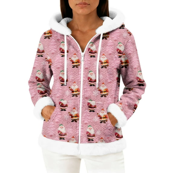 Women's Casual Fashion Long-Sleeve Zip-Up Fleece Hooded Cardigan with Christmas Print, Cozy and Warm for Winter Season,Hot Pink,L