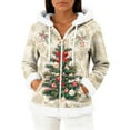 thumbnail image 1 of Women's Casual Fashion Long-Sleeve Zip-Up Fleece Hooded Cardigan with Christmas Print, Cozy and Warm for Winter Season,Khaki,2XL, 1 of 5