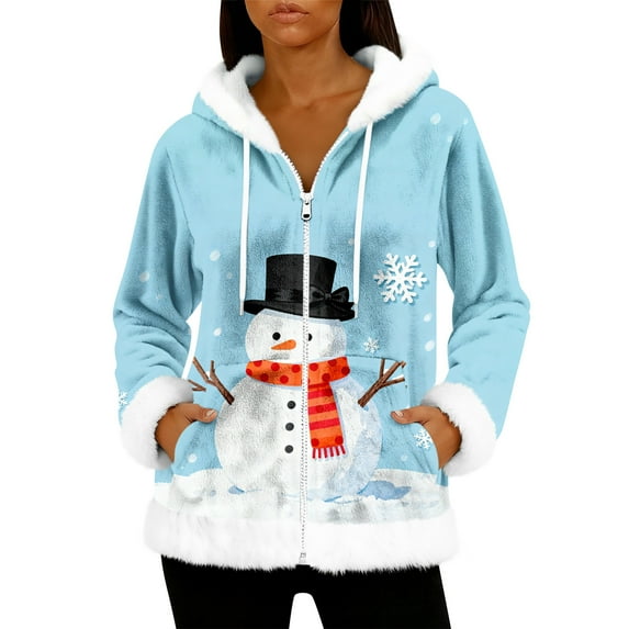 Women's Casual Fashion Long-Sleeve Zip-Up Fleece Hooded Cardigan with Christmas Print, Cozy and Warm for Winter Season,Light Blue,S