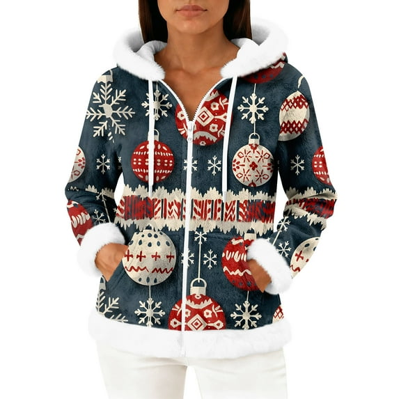 Women's Casual Fashion Long-Sleeve Zip-Up Fleece Hooded Cardigan with Christmas Print, Cozy and Warm for Winter Season,Navy,2XL