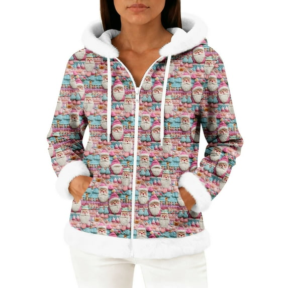 Women's Casual Fashion Long-Sleeve Zip-Up Fleece Hooded Cardigan with Christmas Print, Cozy and Warm for Winter Season,Pink,2XL