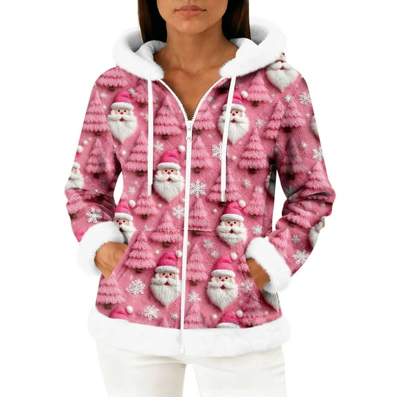 Women's Casual Fashion Long-Sleeve Zip-Up Fleece Hooded Cardigan with Christmas Print, Cozy and Warm for Winter Season,Purple Pink,XL