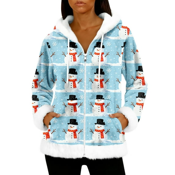 Women's Casual Fashion Long-Sleeve Zip-Up Fleece Hooded Cardigan with Christmas Print, Cozy and Warm for Winter Season,Sky Blue,L