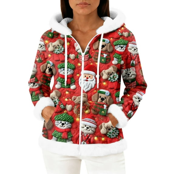 Women's Casual Fashion Long-Sleeve Zip-Up Fleece Hooded Cardigan with Christmas Print, Cozy and Warm for Winter Season,Vermilion,S
