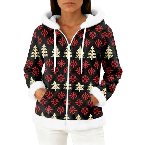 Women's Casual Fashion Long-Sleeve Zip-Up Fleece Hooded Cardigan with Christmas Print, Cozy and Warm for Winter Season,Vermilion,XL
