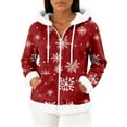 thumbnail image 1 of Women's Casual Fashion Long-Sleeve Zip-Up Fleece Hooded Cardigan with Christmas Print, Cozy and Warm for Winter Season,Wine,M, 1 of 5