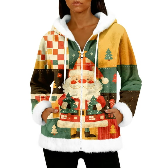 Women's Casual Fashion Long-Sleeve Zip-Up Fleece Hooded Cardigan with Christmas Print, Cozy and Warm for Winter Season,Yellow,XL